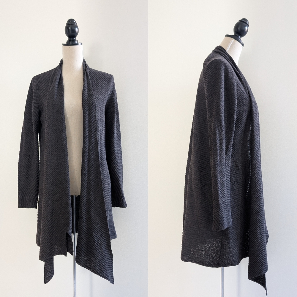 Eileen Fisher Wool Angled Hem Long Sleeve Dark Brown Cardigan Sweater Sz M